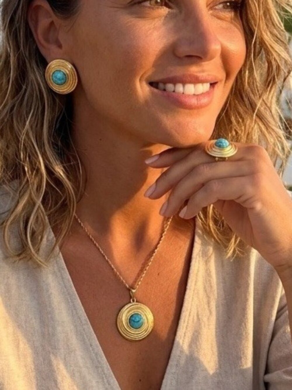 18k Gold Plated Stainless Steel Turquoise Set | Ring Earrings Necklace Boho